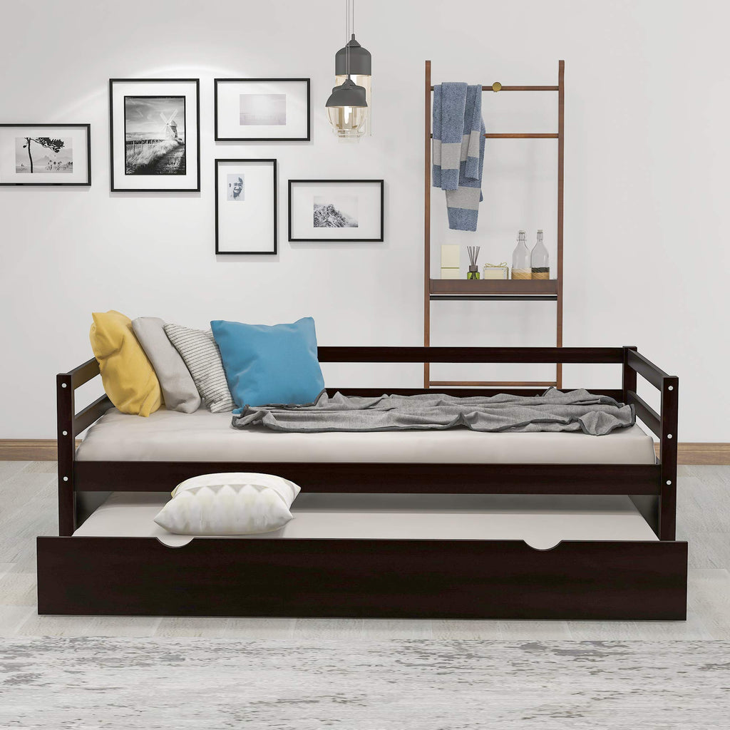 Twin Size Wood Daybed with Trundle No Box Spring Required (Espresso Trundle Daybed)