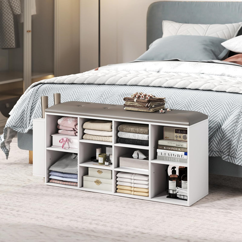 Shoe Storage Bench with Umbrella Stand, 10-Cube Entryway Bench with Adjustable Shelf & Padded Cushion, Cubby Shoe