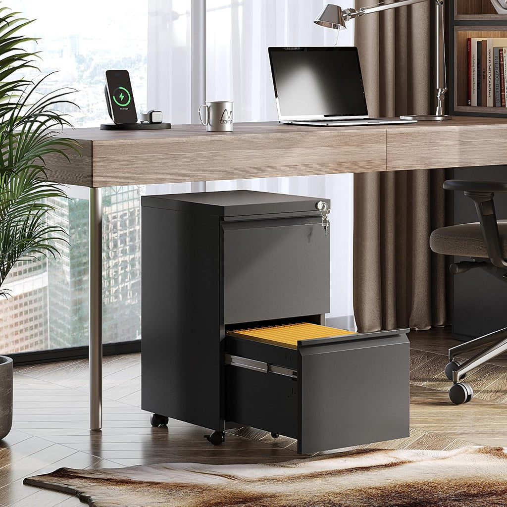 2 Drawer Metal File Cabinet, Fully Assembled Filing Cabinet | Under Desk Mobile File Cabinet with Lock , Fits