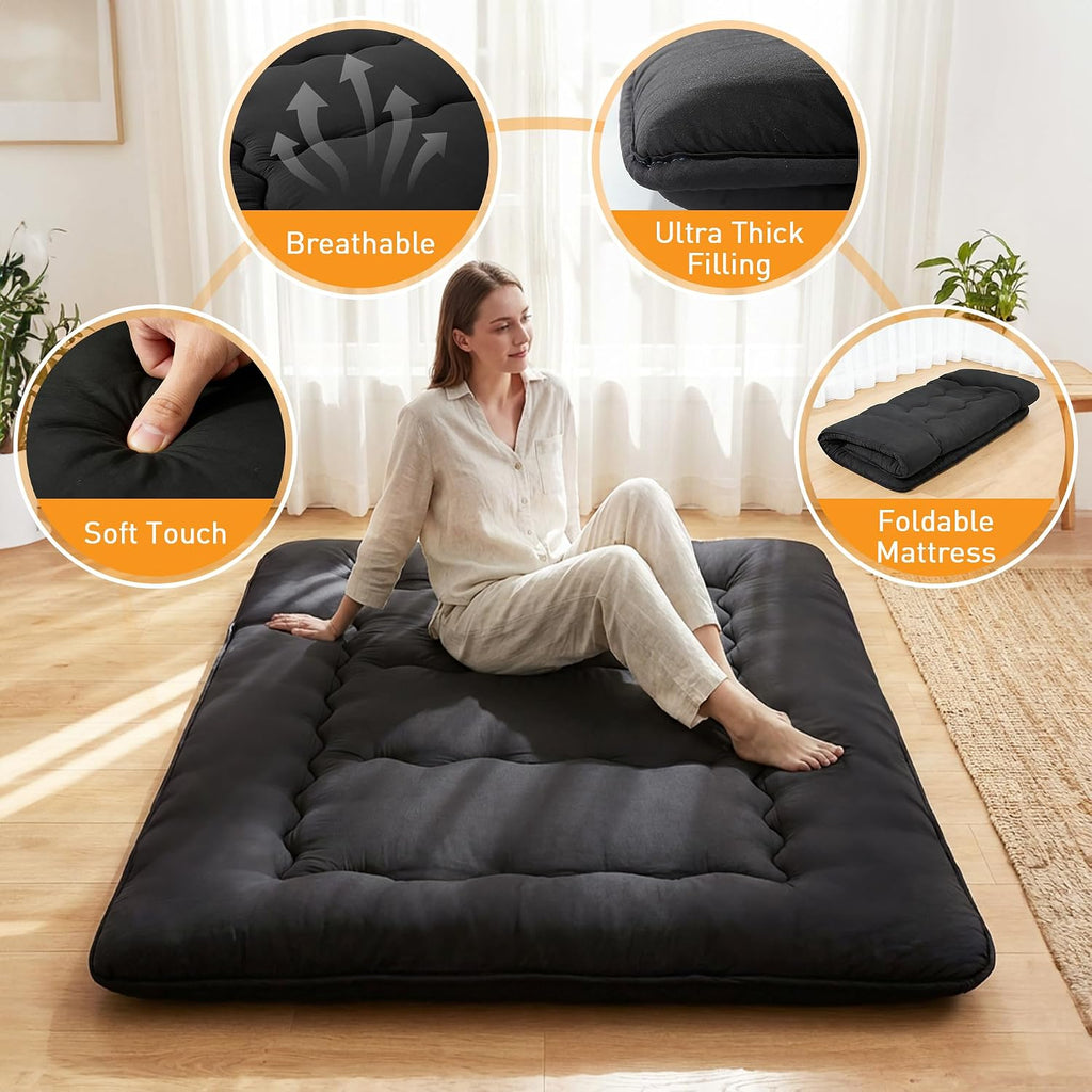 Japanese Floor Mattress, 4" Thick Futon Mattress, Black