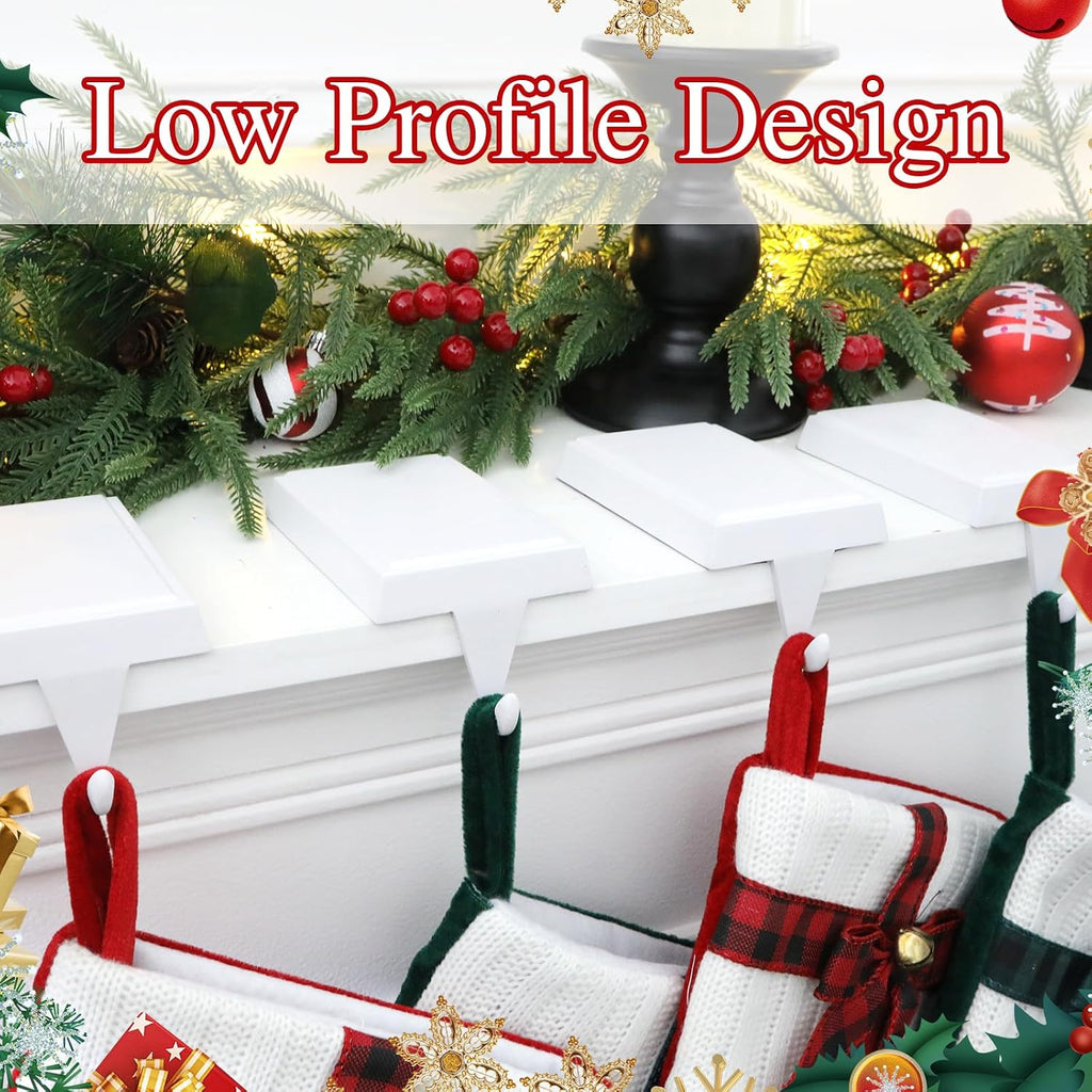 4-Pack Christmas Stocking Holders for Mantel, Weighted Metal Hooks, White