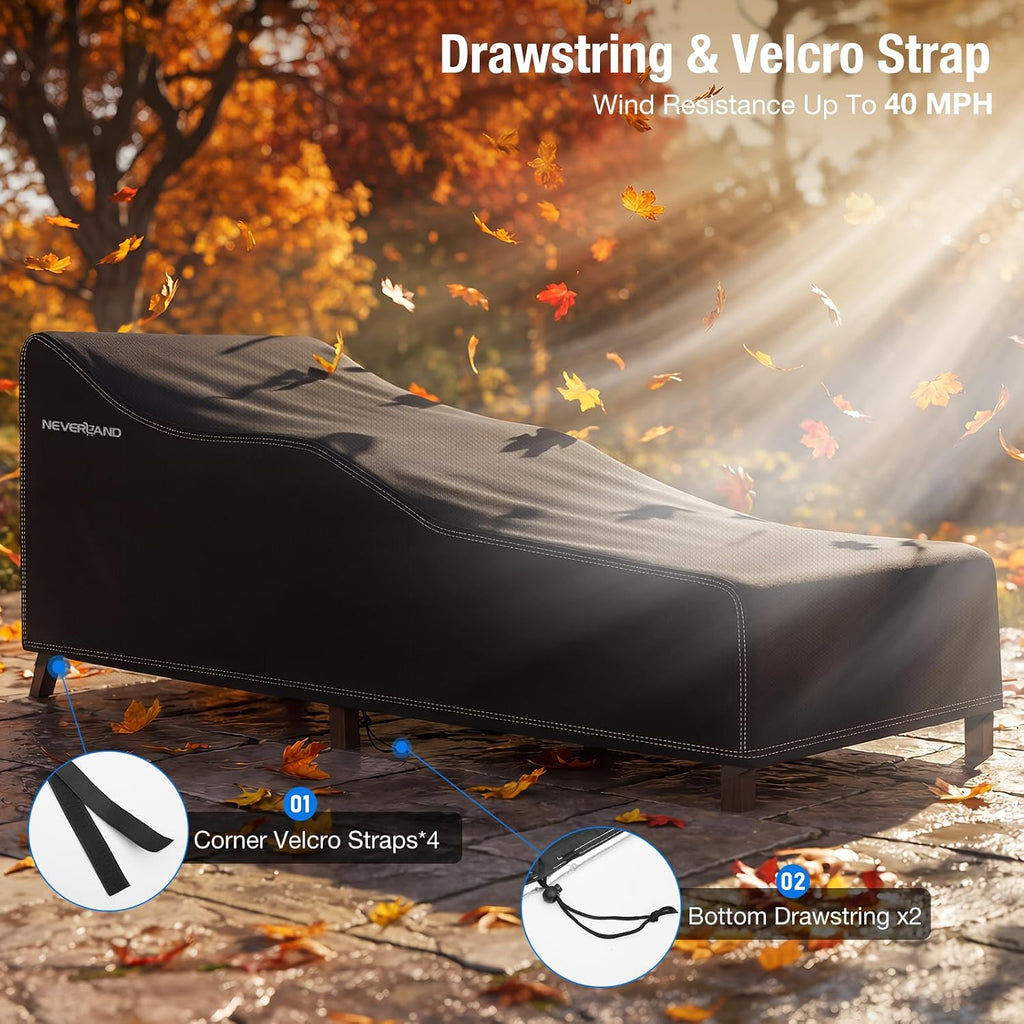 Chaise Lounge Covers 2 Pack - 420D Lounge Chair Cover Waterproof Outdoor with Bottom Drawstring and 4 Corner Straps