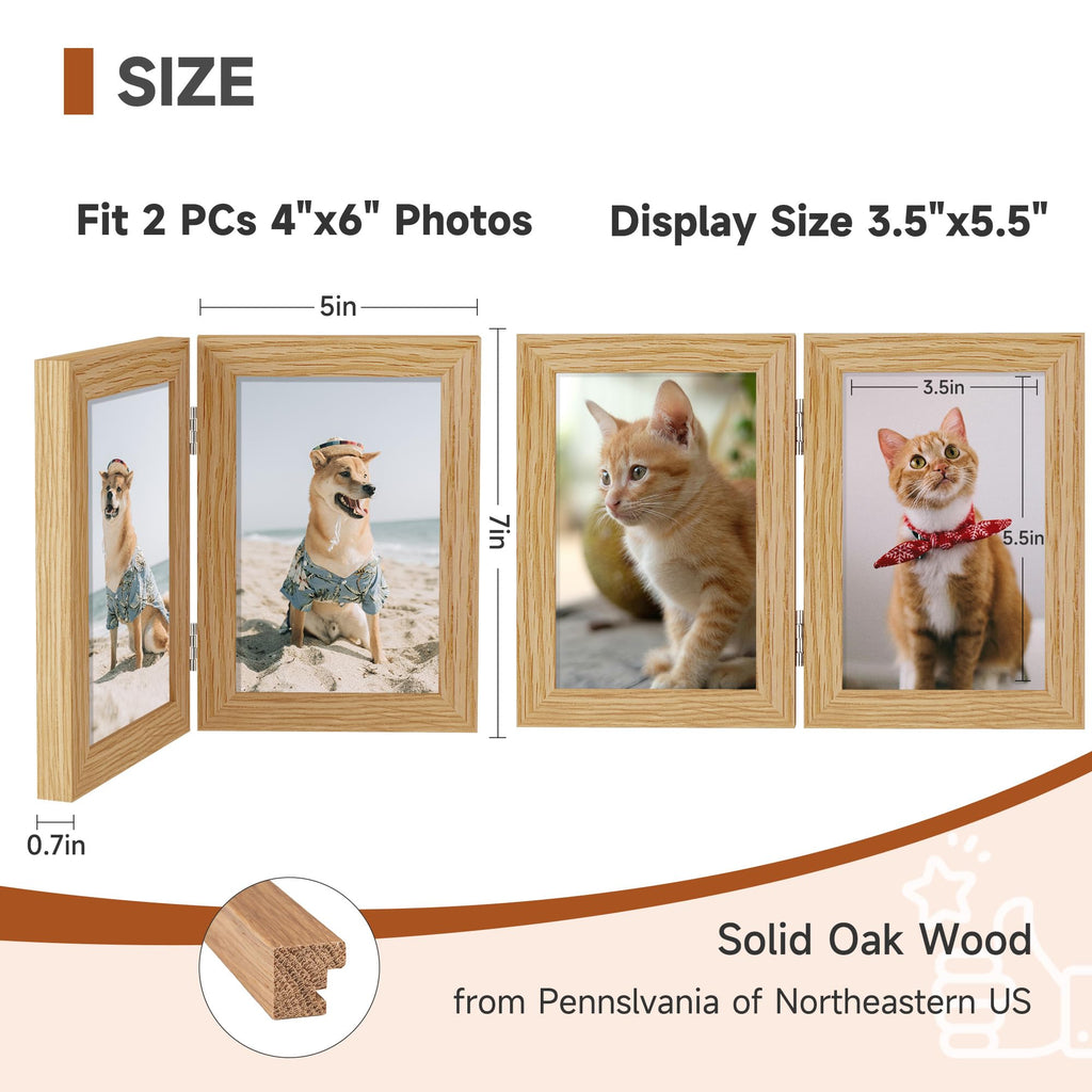 4x6 Double Picture Frame - Solid Oak Wood Vertical Hinged 4x6 Photo Frame 2 Opening Folding Family Frames Collage