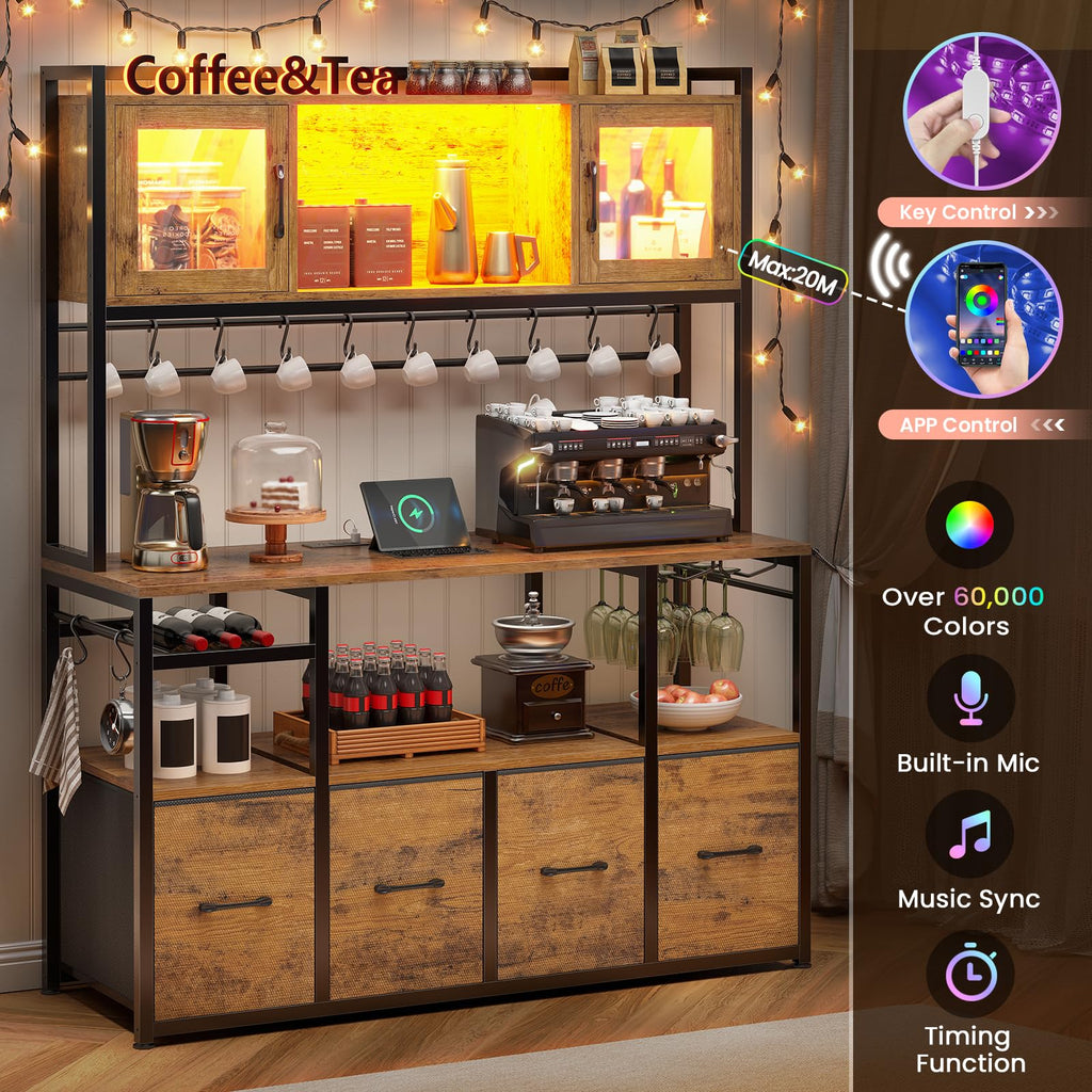 Bakers Rack with Power Outlet and LED Light, 47.2'' Microwave Stand with Storage, Kitchen Coffee Bar Cabinet with