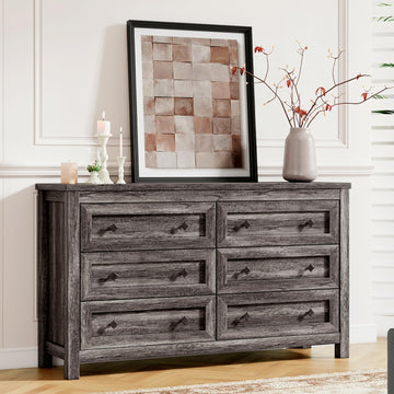 Farmhouse 6-Drawer, Rustic Wood Chest of Drawers, Grey