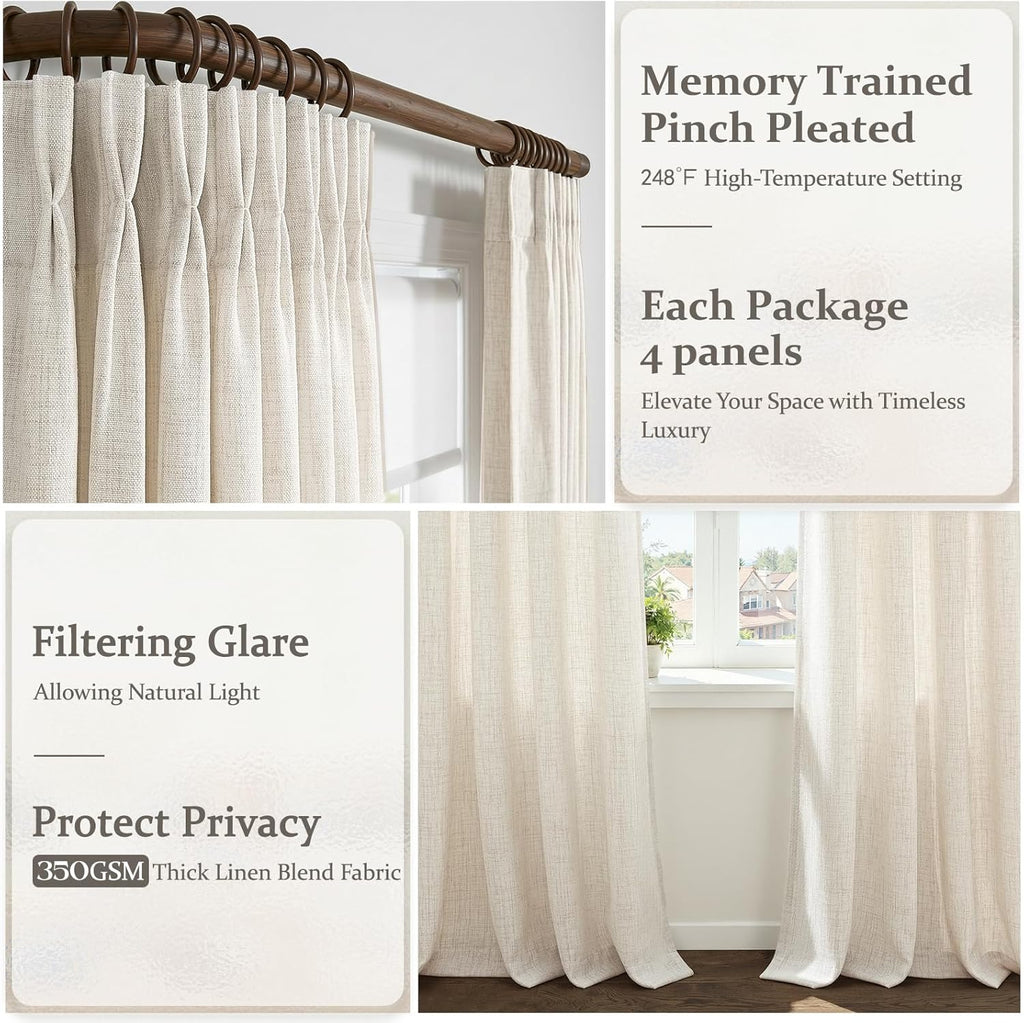 Pinch Pleated Linen Viral Curtains 4 Panels Set for Living Room 96 Inches Long, Birch Memory Trained Pleat Light