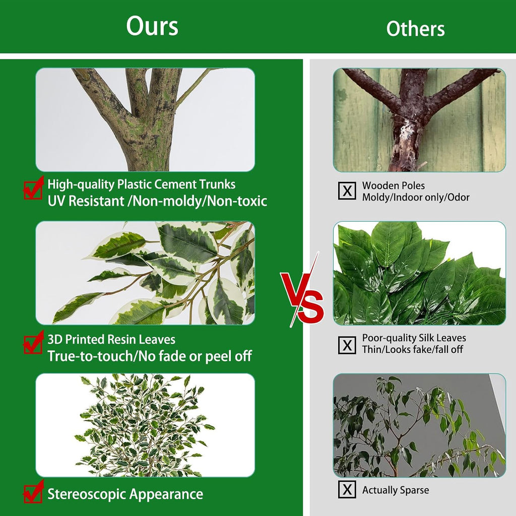 Ficus Artificial Trees for Outdoors Indoor, 4ft Big Fake Plants with Pot and Realistic Leaves, Faux Plants - Set of 2