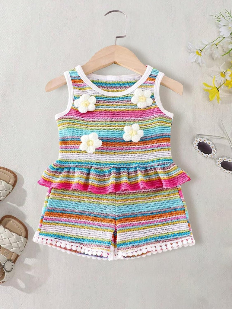 Baby Girls 3D Floral Ruffle Hem Tank Top and Shorts Set