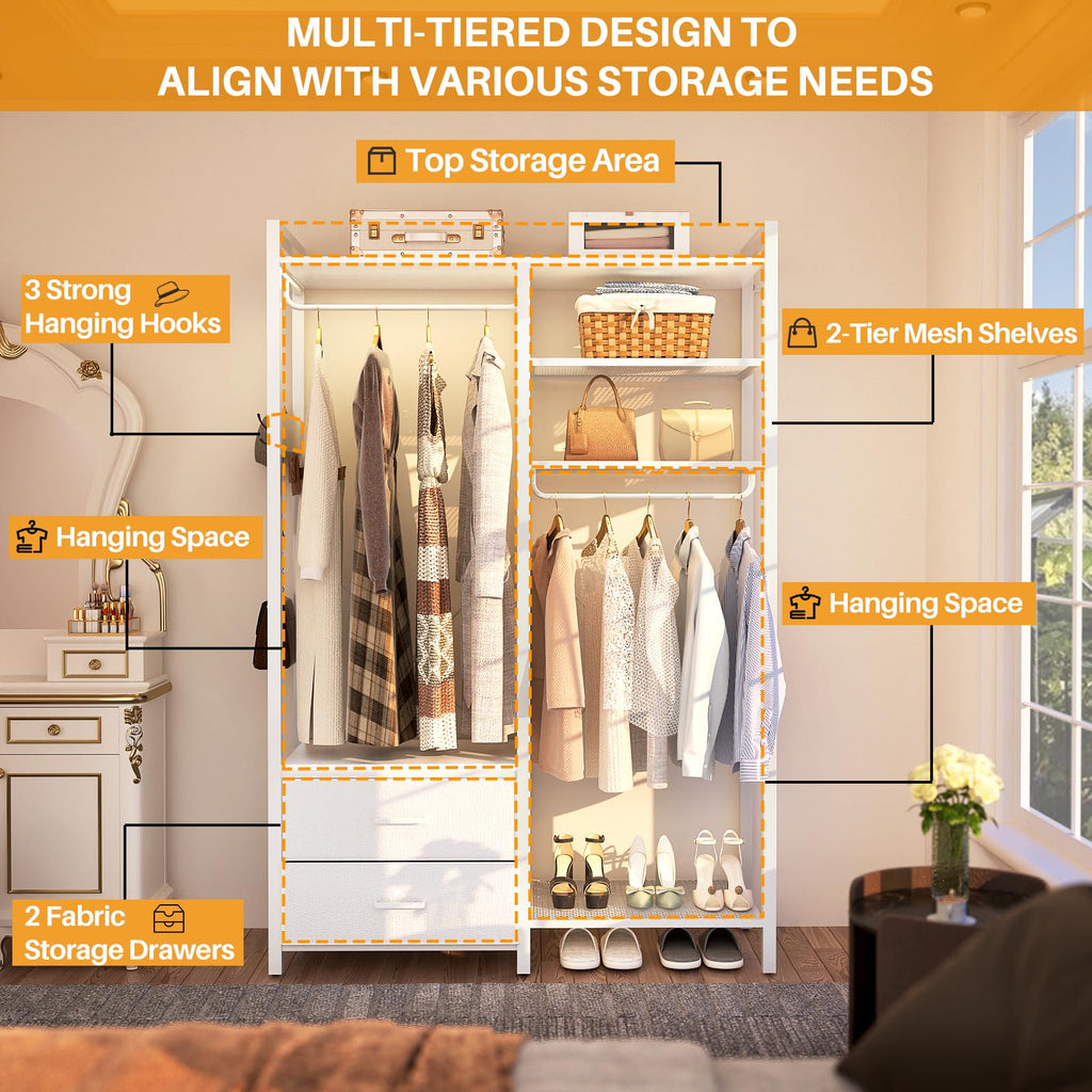 78.7'' Clothes Rack for Hanging Clothes - Reversible Clothing Rack with 2 Drawers, Heavy Duty Garment Racks with