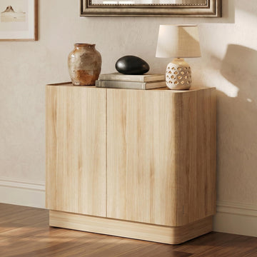 Sideboard Buffet Cabinet with Storage, 31'' Natural Oak Wood Buffet with Adjustable Shelves & 210° Wide-Opening