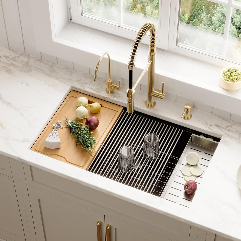 33" Undermount Quartz Composite Workstation Sink, Black | Black workstation sink includes cutting board, colander