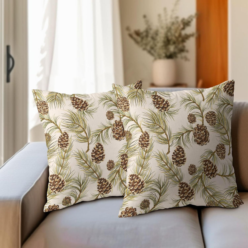 Winter Pine Cone Pillow Covers 18x18 Inch Christmas Theme Pinecone Plant Outdoor Throw Pillows Rustic Xmas - Set of 2