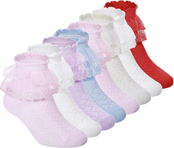 8 Pairs Toddler Girls Dress Socks - Baby Ruffle Cute Frilly Lace Cotton Teen Girl