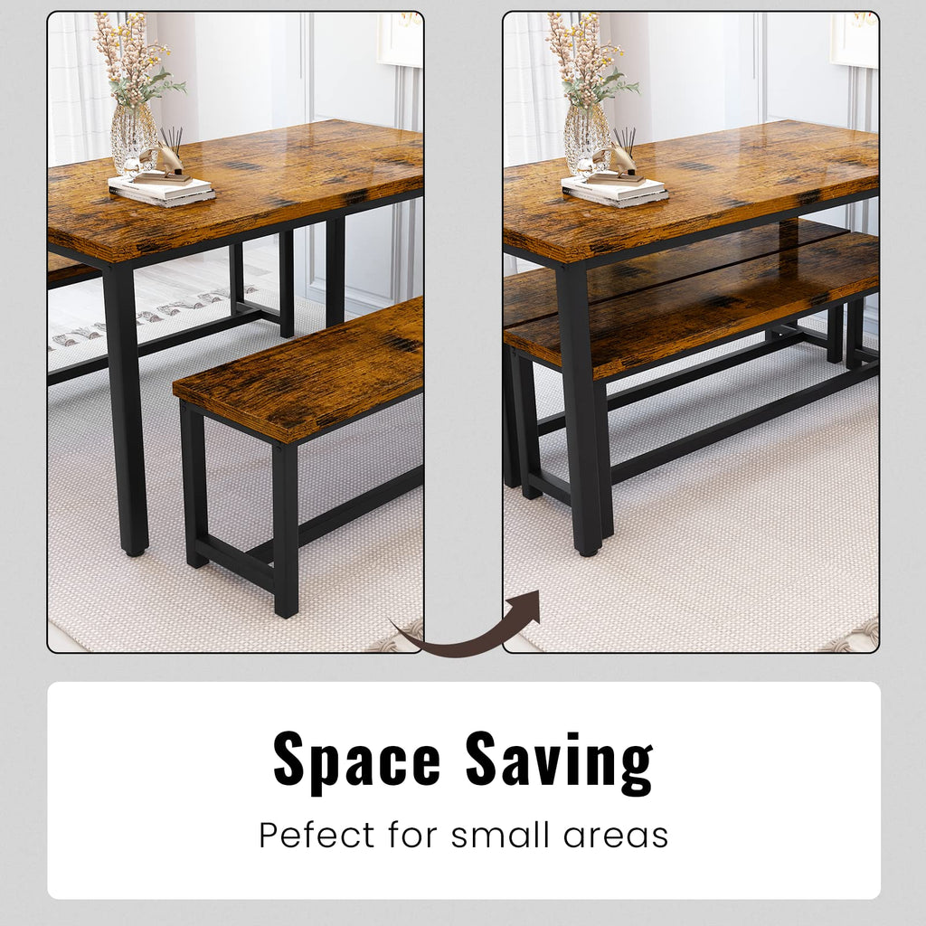 Dining Table Set for 4, Kitchen Table and Chairs for 4, Faux Marble Dining Room Table with 2 Benches, Space Saving