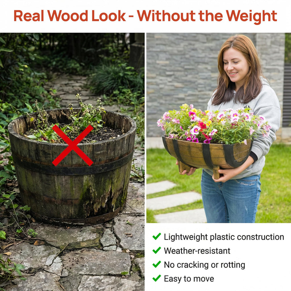 2-Piece Rectangular Half Barrel Flower Pots for Garden and Patio