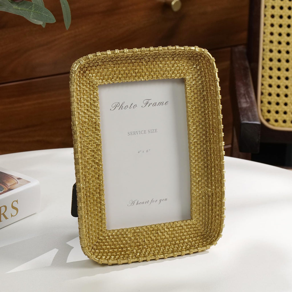 4x6 Gold Picture Frame, Vintage Rattan Textured Resin Photo Frame