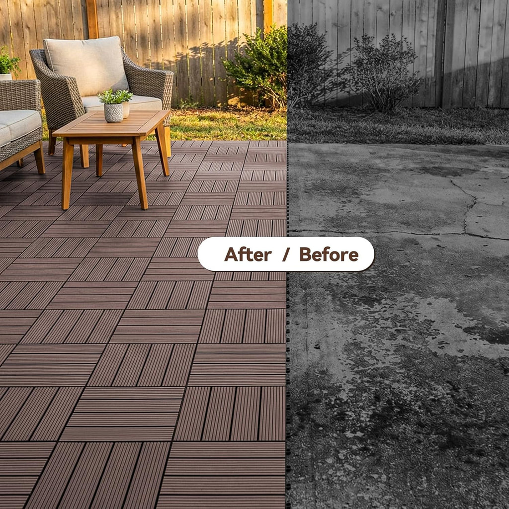 Composite Deck Tiles Interlocking Patio Flooring Outdoor, 10 Pcs 12x12 Inch Durable HDPE Tiles Waterproof, All-Weather