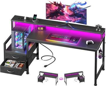 55" Gaming Desk with LED Lights & USB-C Port, Carbon Fiber Black | Reversible Large Computer Desk with 2 Fabric
