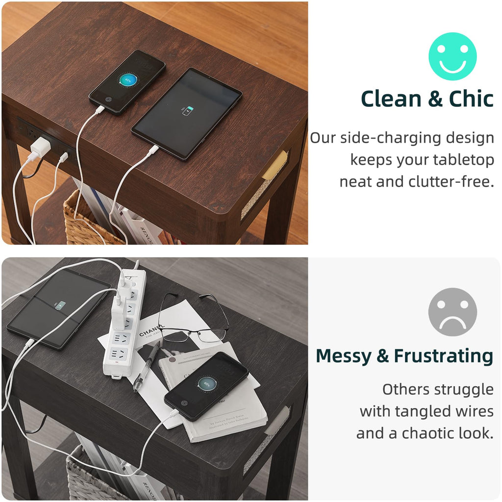 Narrow Side Table Set 2 with Charging Station, Rattan 24 x 14''
