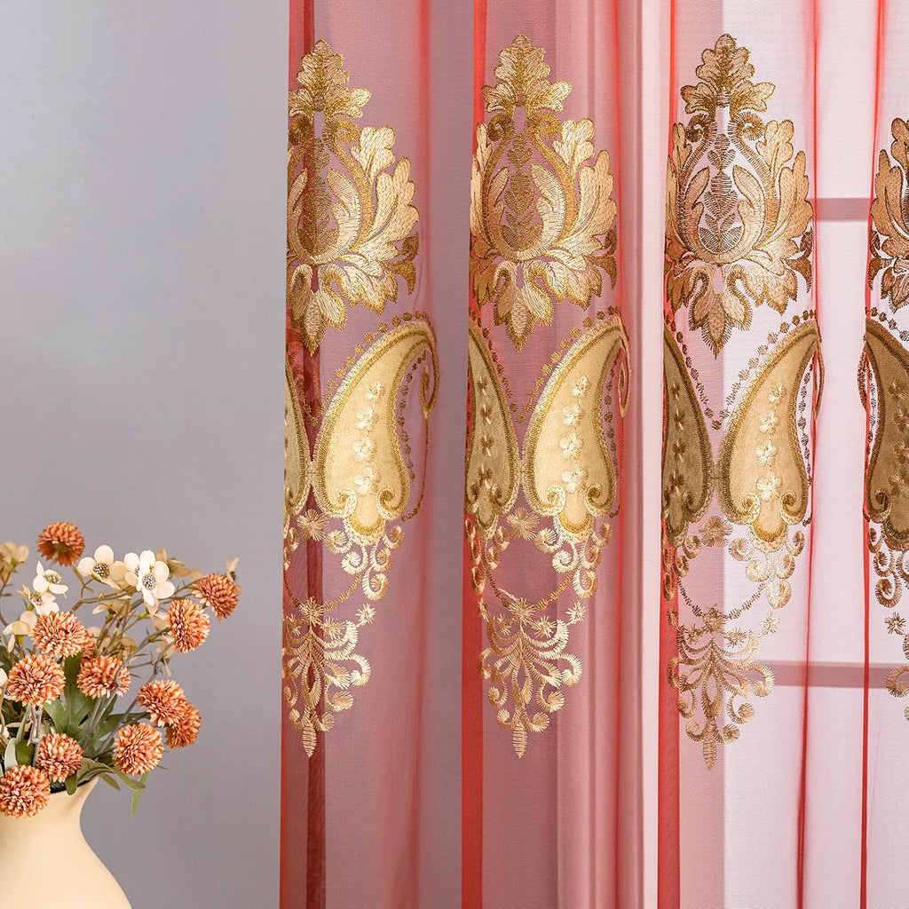 Luxury Embroidered Sheer Curtains for Living Room Burgundy Red Tulle Curtains for Bedroom Transparent Yarn Curtain