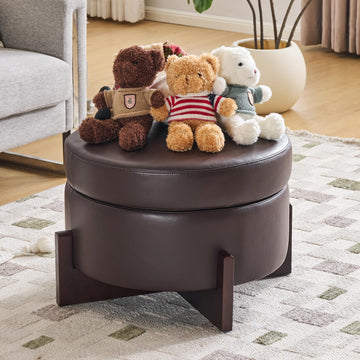 26Inch Round Storage Ottoman, Modern Faux Leather Ottoman Coffee Table with Removable Top, Upholstered Ottoman with