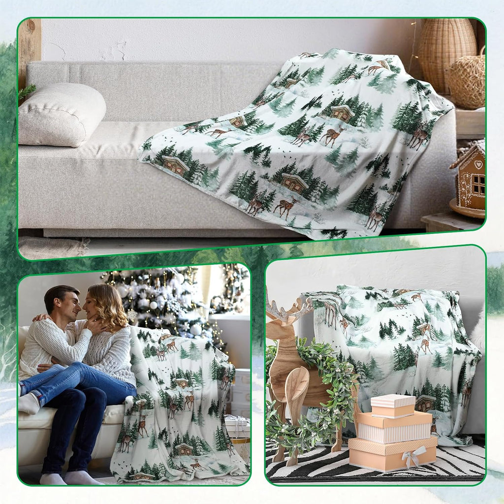 Christmas Tree Elk Flannel Throw Blanket 60"x50", Winter Throw