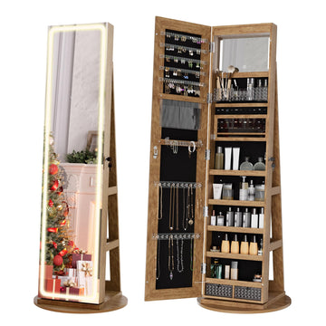 LED Mirror Jewelry Armoire, 360° Swivel Full Length Mirror with Storage, Floor Standing Mirrored Jewelry Cabinet with