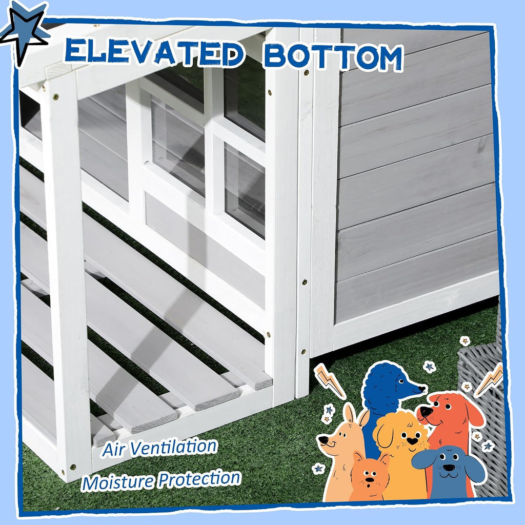Wooden Dog House with Porch for Large Dogs, Tilt Roof, Front Door