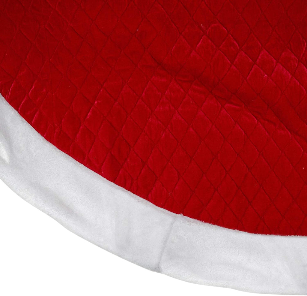 72" Red and White Quilted Christmas Tree Skirt with Faux Fur Trim