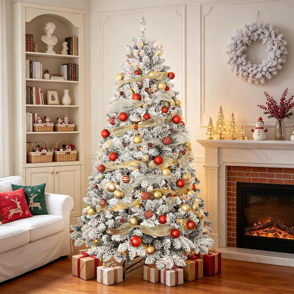 Pre-lit Flocked Christmas Tree, Artificial Christmas Tree with Lights, Snow Frosted Christmas Trees Pre-lit