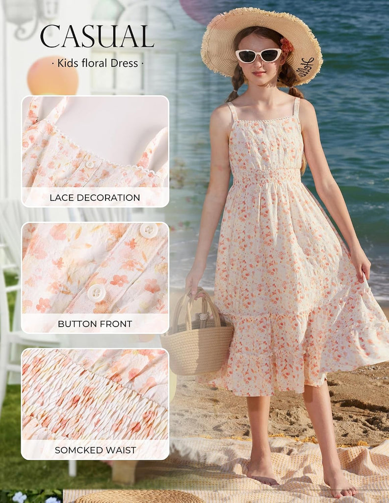 Girls Summer Floral Dress Kids Long Spring Easter Dresses Teens Button Front Straps Flower Hawaiian Sundress