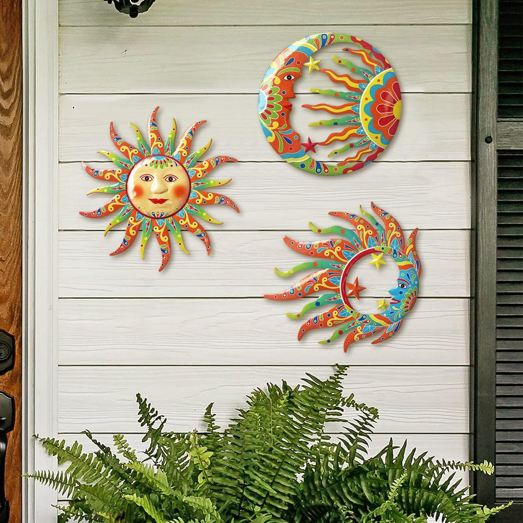 Sun Moon Sun Face Metal Wall Sculpture, Indoor Outdoor Garden Fence Decor - Set of 3
