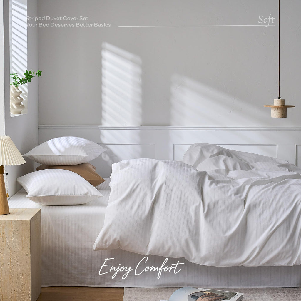 100% Cotton Sateen Striped Duvet Cover Set, White