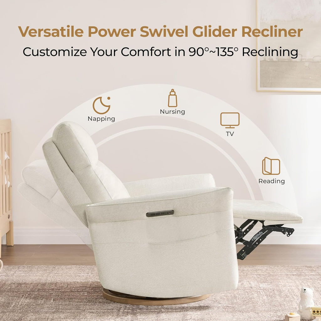 Power Swivel Glider Nursery Recliner Chair, Triple Motor, Linen | Electric Nursery Rocking Chair with Adjustable