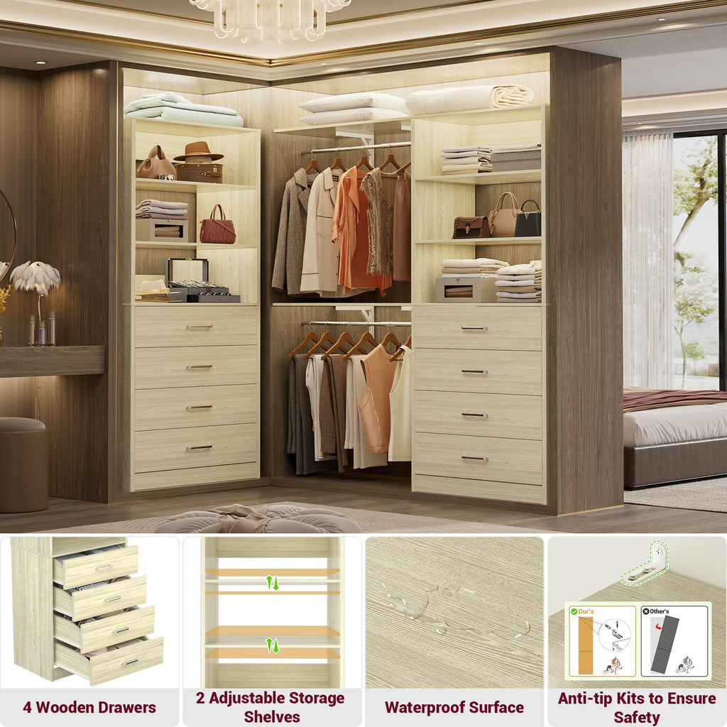 Closet Drawer System, 21.3" Wood Closet Organizer System,White Oak