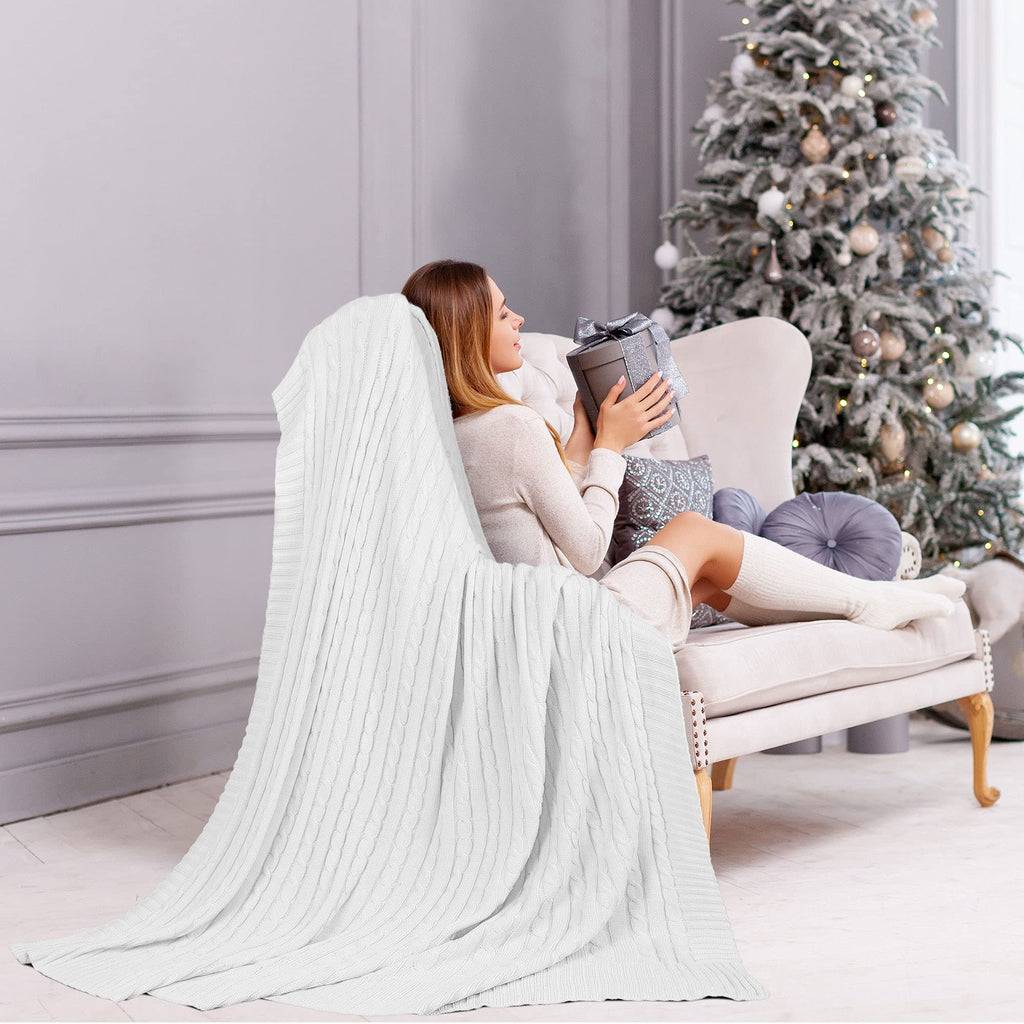 100% Cotton Throw Blanket, Cable Knitted White 50x60