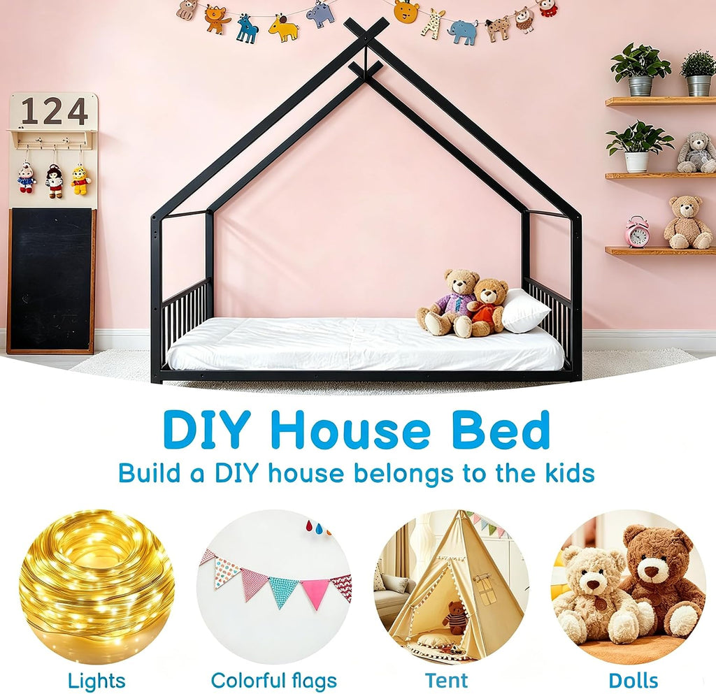 Metal Toddler Floor Bed with Slats & Fence, Black