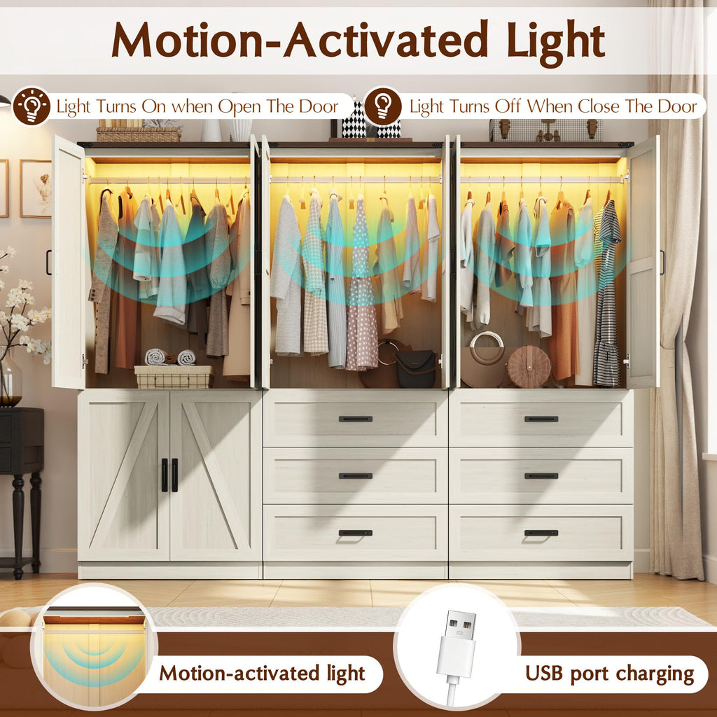 74" Tall Farmhouse Armoire Wardrobe Closet with Sensor LED Light(White ABB)
