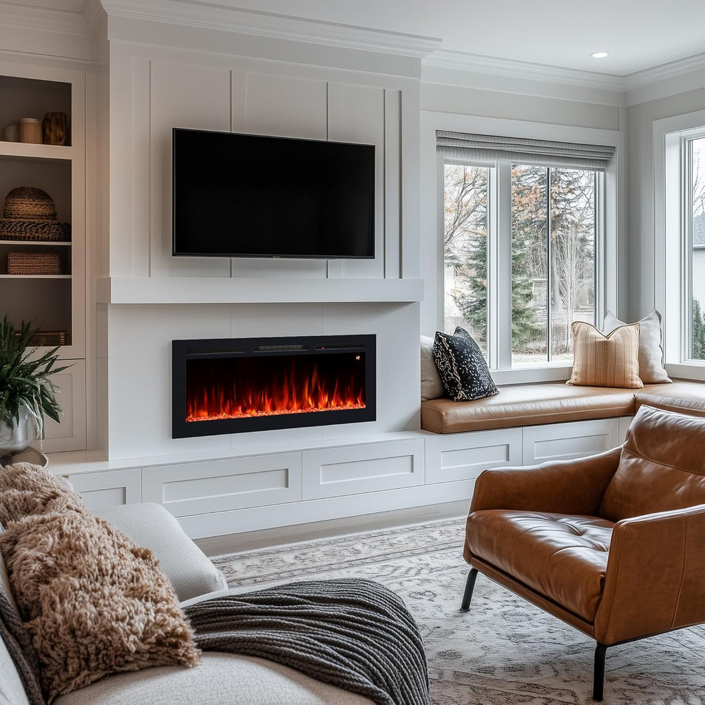 48" Electric Fireplace, Recessed, Wall Mounted and Freestanding Fireplace Heater, Adjustable Flame Color