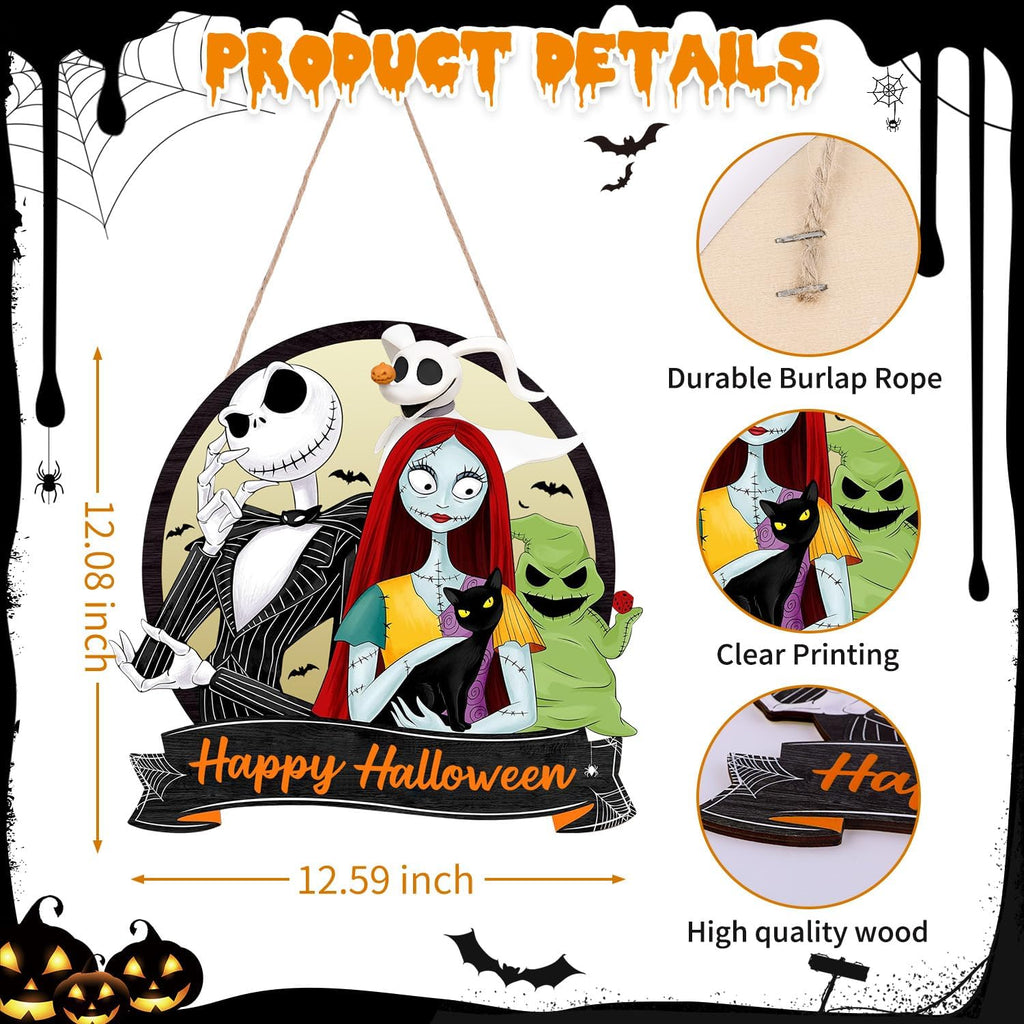 Halloween Door Sign Cartoon Nightmore Wreath Decorations ,Happy Halloween Hanging Signs Front Door Decor ,Rustic