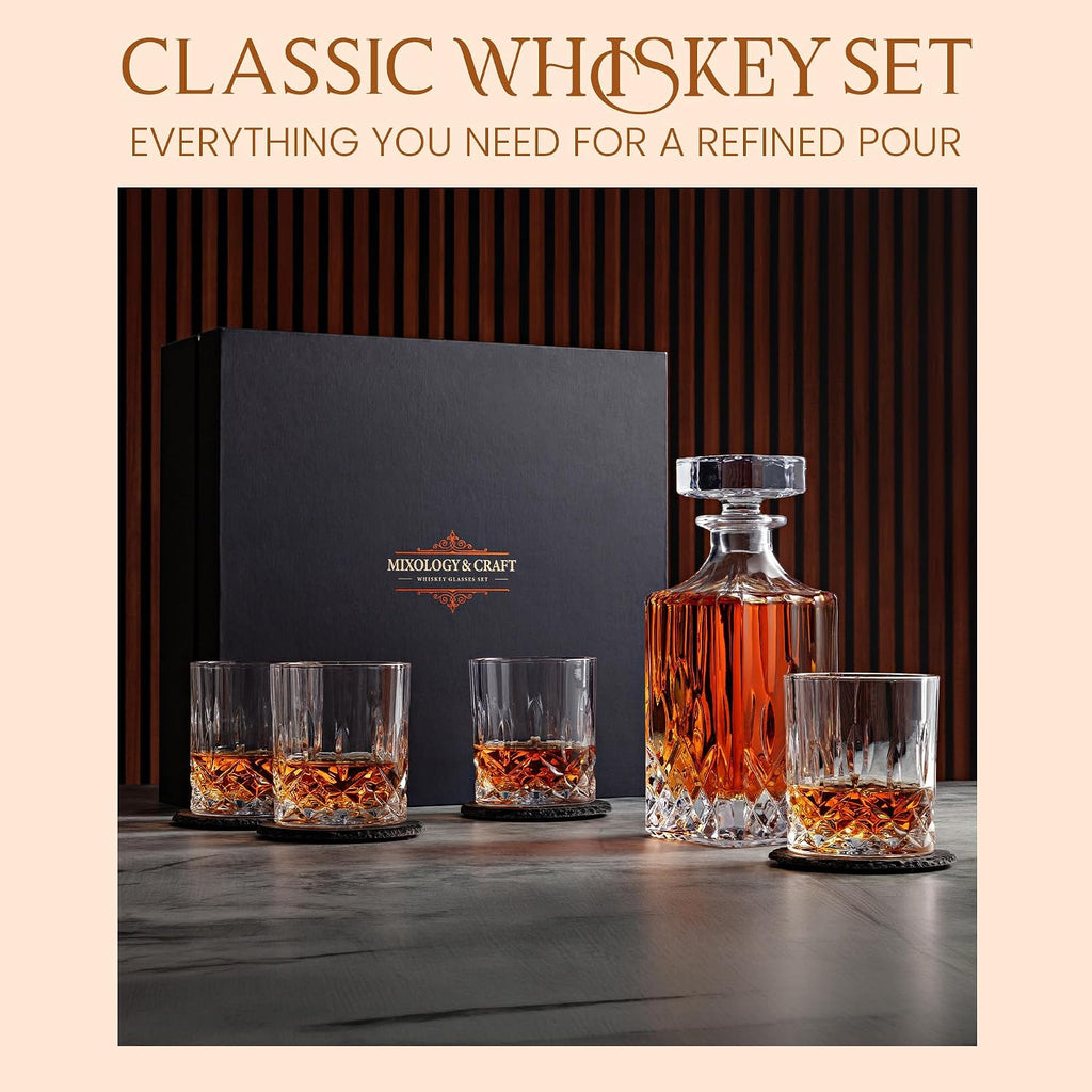 Ry Whiskey Decanter Gift Set - 25oz Crystal Decanter, 4 Old-Fashioned Glasses, 4 Slate Coasters with Diamond Pattern - Set of 9