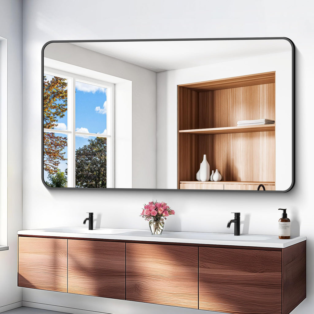 60x36 inch Large Bathroom Mirror,Black Rectangle Mirror,Wall Mounted Bathroom Frame Vanity Mirror with Round Corner