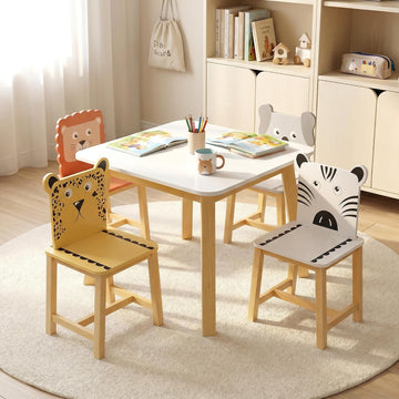 Kids Table and 4 Chairs, Wooden Stable Table and Chair Set (Elephant&Leopard&Lion&Zebra), Ideal for Arts & Crafts