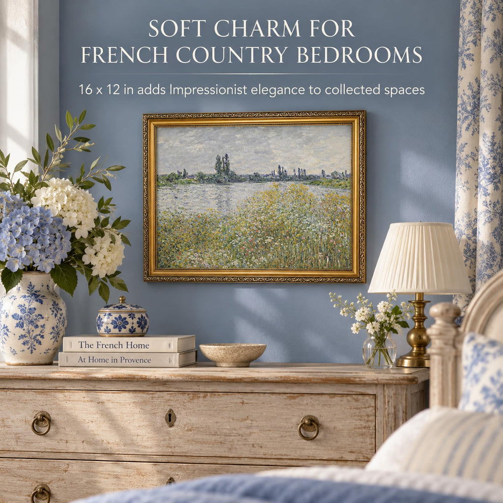 Gold Framed Vintage Canvas Wall Art, Monet Style Impressionist River Landscape Print, Canvas Print, Bedroom Bathroom