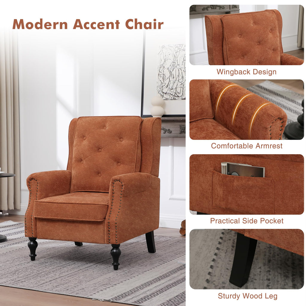 High Back Accent Chair, Vintage Wingback Armchair, Upholstered Reading Sofa Chair with Solid Wood Legs Comfy Home