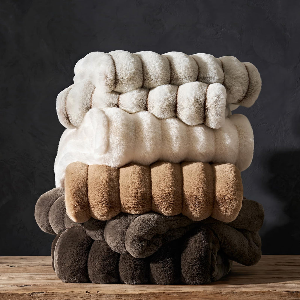 Luxury Channel Faux Fur Throw Blanket, Ivory White, 50"x70"