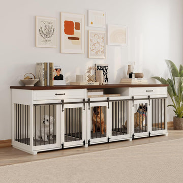Dog Crate Furniture - Indoor Wooden Farmhouse Large Dog Kennel Fureniture for 3 Dogs, with Sliding Barn Doors, 2