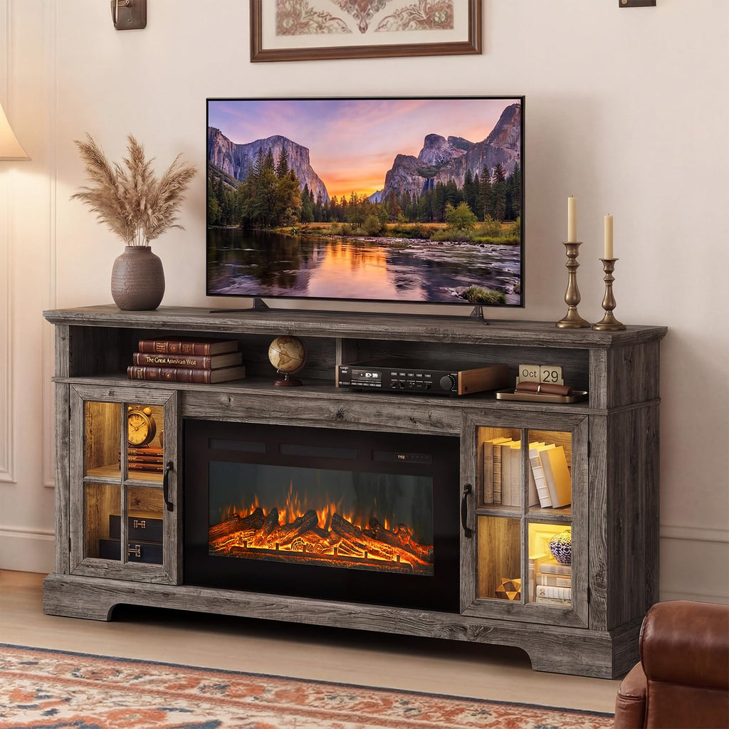 70" TV Stand with Electric Fireplace for TVs Up to 80", Gray & Black