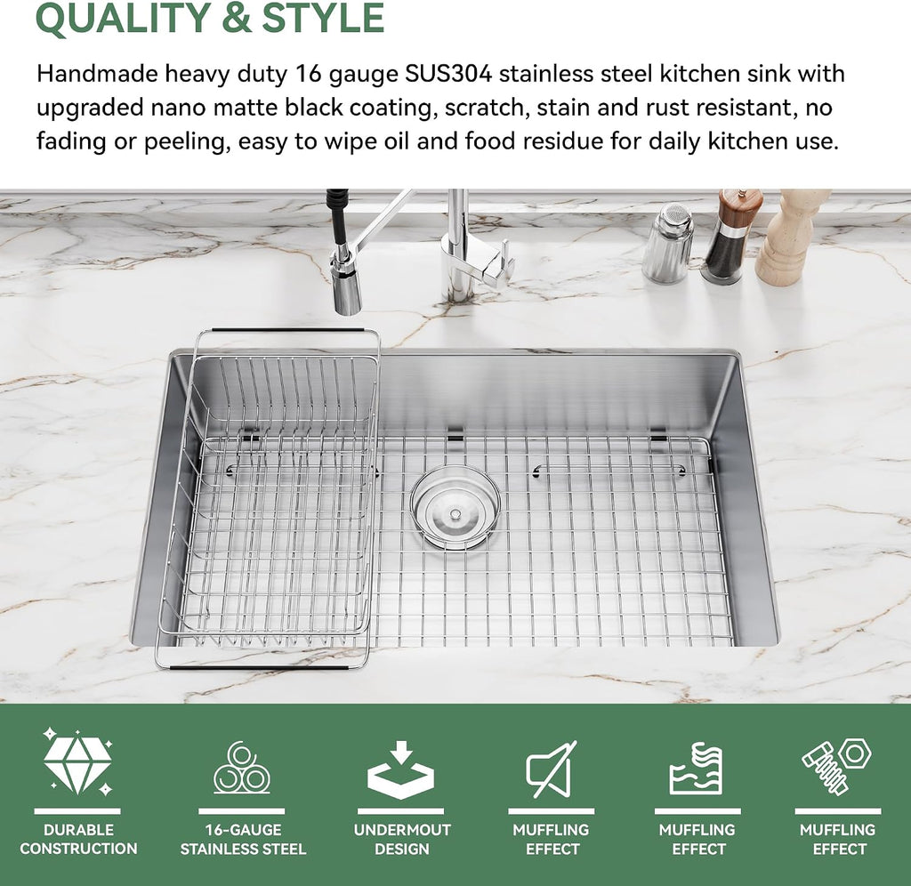 Kitchen Sink 32 Inch Undermount Stainless Steel, 16 Gauge 304 Workstation Sink,Deep Large Capacity Easy Clean Sink,32
