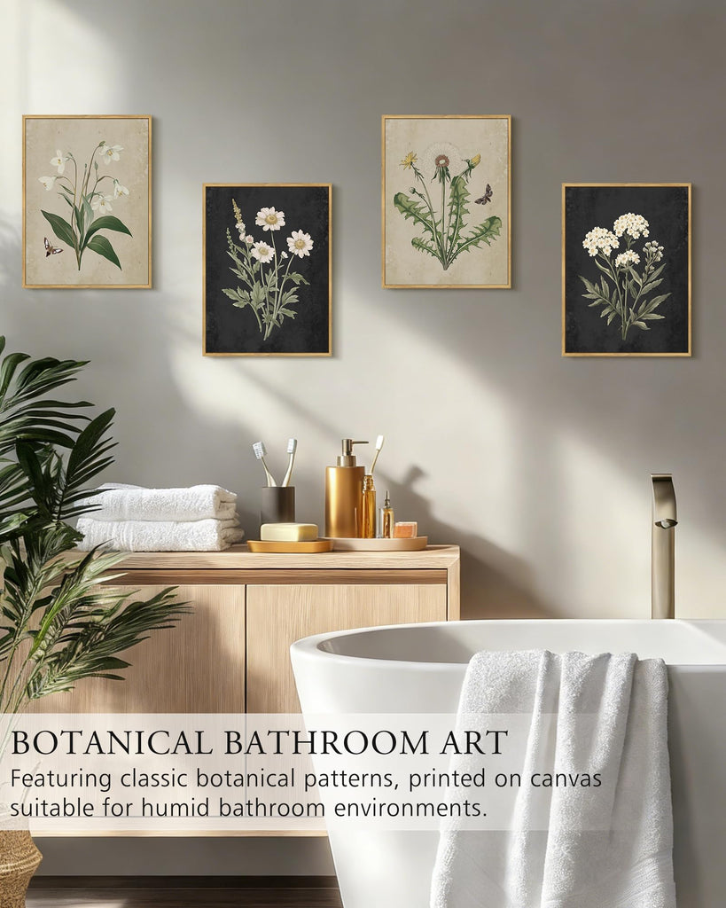 Vintage Botanical Boho Framed Wall Art Set of 4 Piece Antique Flower Prints Farmhouse Retro Plants Rustic Artwork